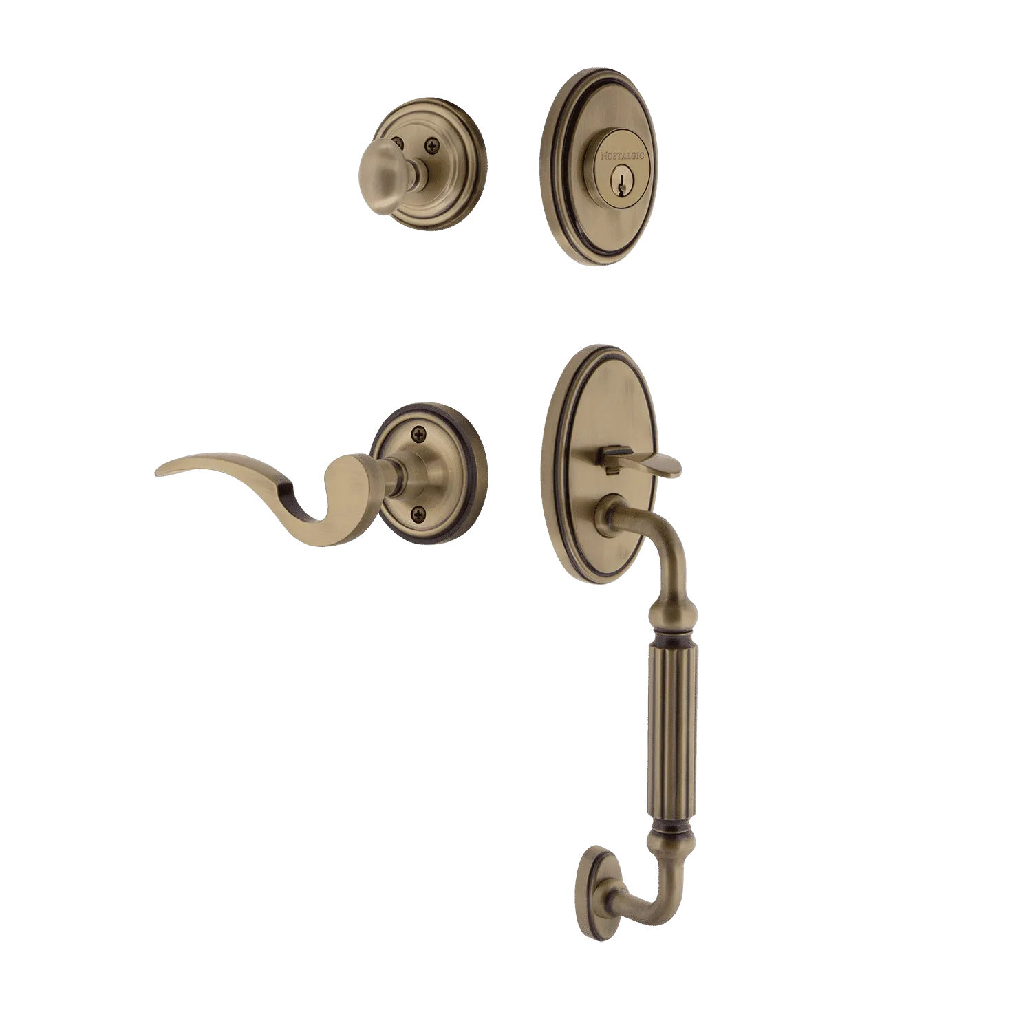 Classic Handleset with F-Grip and Classic Rosette with Manor Lever in Antique Brass