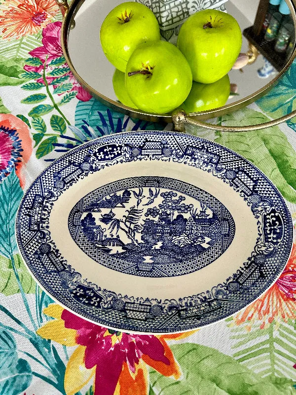 Vintage Blue Willow Oval Platter, USA Pottery, Blue and White Chinoiserie